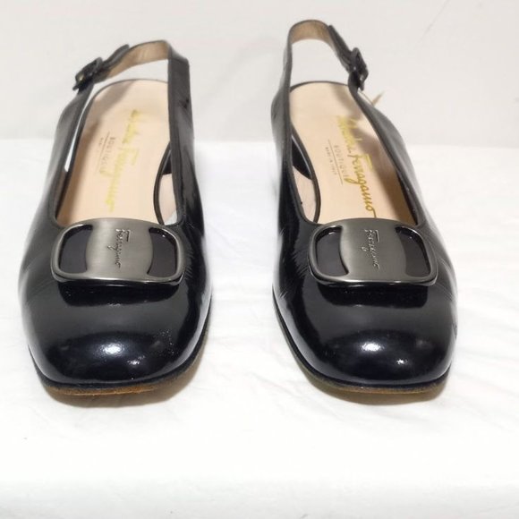 Salvatore Ferragamo Boutique Leather Slingback Block Heel Shoes Black Sz 8.5 3A - Picture 6 of 14